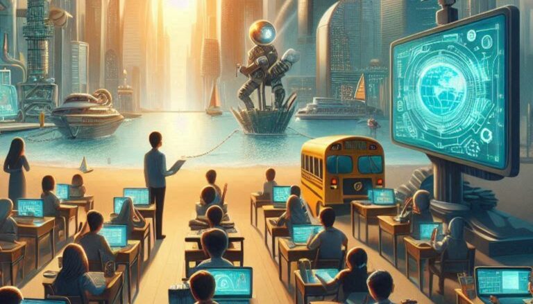 "Une illustration représentant l'utilisation de l'intelligence artificielle dans le cadre éducatif, avec des étudiants et des enseignants interagissant avec des technologies avancées en classe. L'image explore les avantages et les préoccupations liées à l'intégration de l'IA dans le système éducatif.