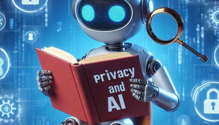 Un robot qui lit un livre sur les droits de l'IA face à notre vie privée.
