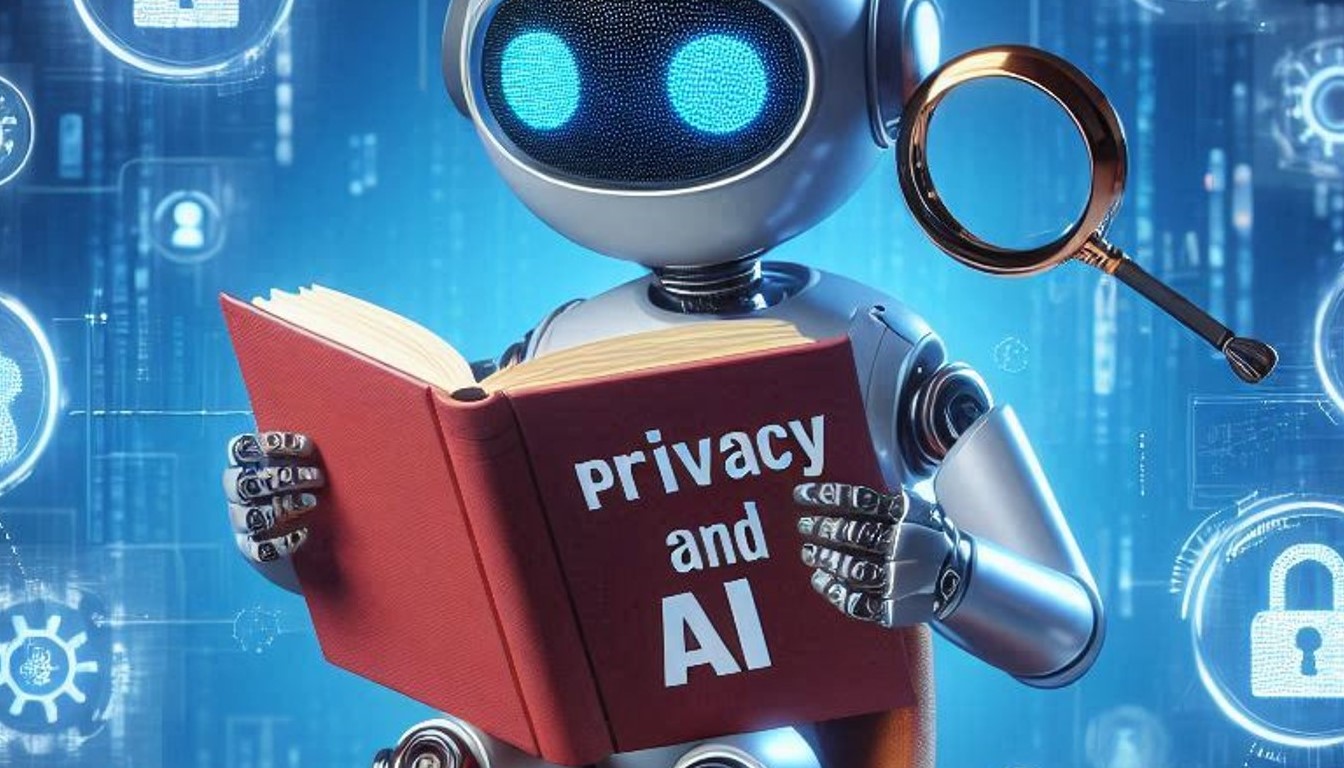 Un robot qui lit un livre sur les droits de l'IA face à notre vie privée.
