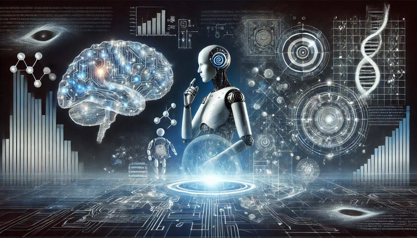 Une illustration futuriste montrant un robot humanoïde interactif, entouré de réseaux neuronaux lumineux et de circuits électroniques. Des hologrammes de données et des symboles mathématiques flottent sur un fond sombre, illuminé par des teintes bleues et argentées, symbolisant les bases de l’intelligence artificielle.